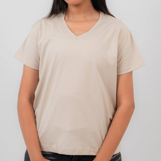 Beige Oversize V-Neck T-shirt